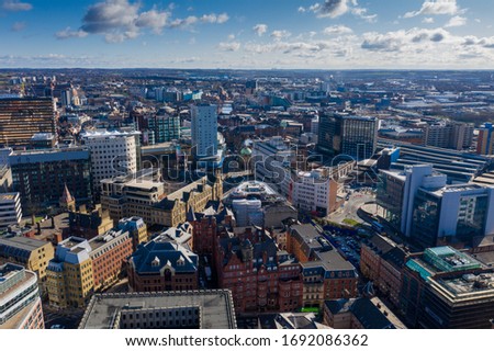 Aerial photo of the Leeds city centre in West Yorkshire in the UK showing the tall buildings in the centre.