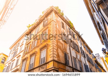 Residential houses of Rome. Old town buildings. Street view. Rome, Italy.