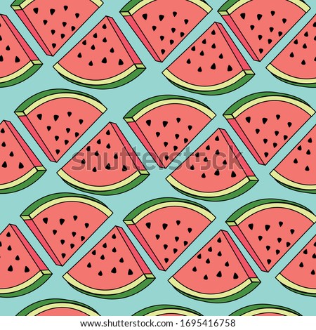 Watermelon pieces seamless pattern on light blue background 