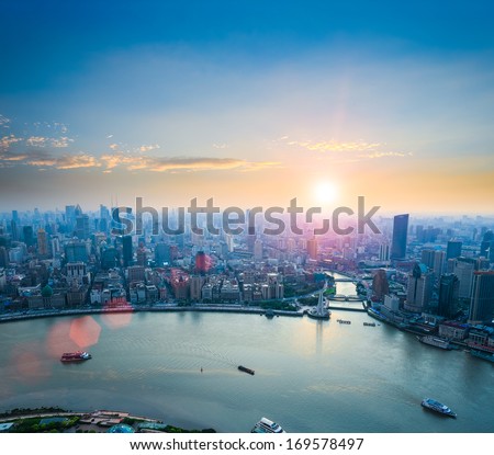 beautiful shanghai in sunset aerial view of the bund and huangpu river