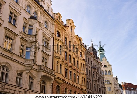 Baroque and bohemian buildings with decorated facades in Prague (Czech Republic, Europe)