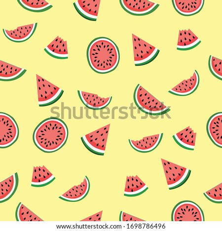 Cute watermelon slice seamless pattern on yellow background