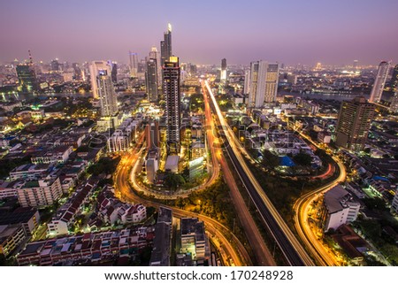 aerial view of bangkok at twilight night