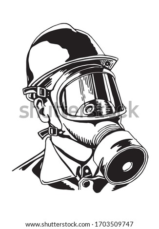 Graphical portrait of man in  gas mask and protective glassesisolated on white, vector illustration