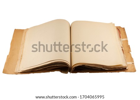 perspective front view of old open file document folder with aged light brown empty pages isolated and cardboard covers on white background