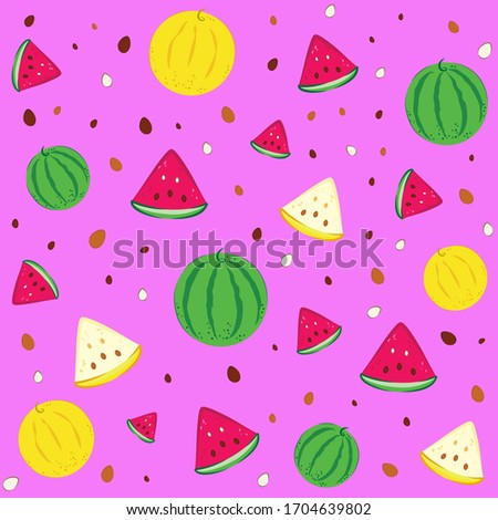 Vector seamless bright background with simple stylized watermelons and melons, slices and seeds of watermelon and melon on a soft purple background for wallpaper, kitchen, printing, textile, sites 

