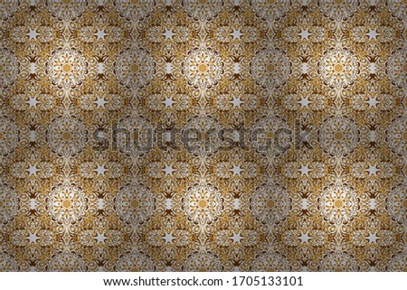 Raster illustration. Luxury floral seamless pattern, button-tufted texture, ornate elements in vintage style. Elegant golden ornament with gold stars, filigree decor on ornate background.