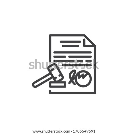 Legal document line icon. linear style sign for mobile concept and web design. Contract document with Judge gavel outline vector icon. Court decision symbol, logo illustration. Vector graphics