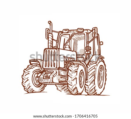 Hand-drawn farm truck tractor. Engraving