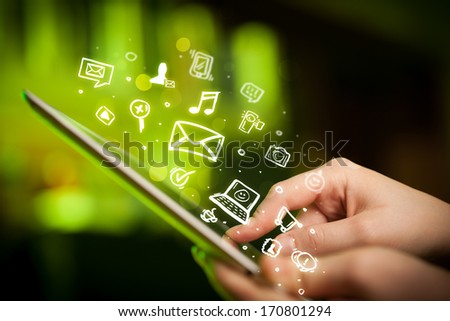 Hand touching tablet pc, social media concept