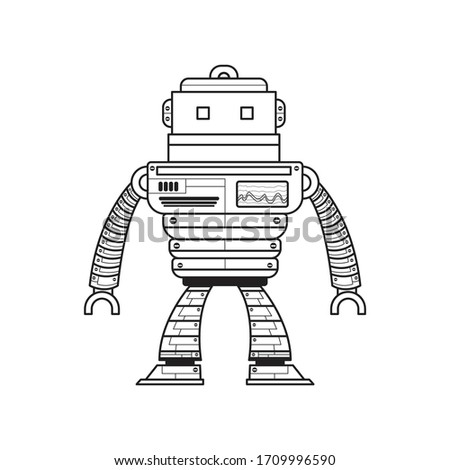 Black and White Cartoon Illustration Robot for Coloring Books.