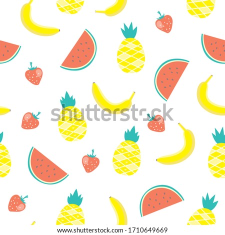 vector seamless summer pattern with cartoon fruits: watermelon, pineapple, strawberry,  bananas