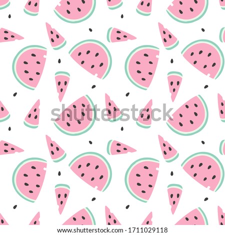 Vector illustration. Cute summer seamless pattern with colorful pieces of watermelon isolated on white background. Hand drawn simple doodle clipart. Perfect for textile, baby projects, gift wrapping. 