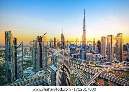 Dubai - modern and luxury city skyline at sunrise, United Arab Emirates