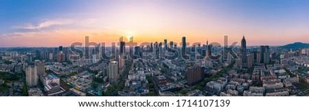 Skyline of Nanjing City at Sunset in China. Skyscrapers in Urban Area.