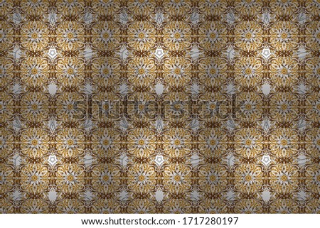 Raster seamless pattern with gold ornament. Ornamental lace tracery. Golden ornate illustration for wallpaper. Vintage golden elements in Eastern style. Traditional arabic decor on a background.