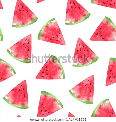 Hand painted watercolor seamless texture with watermelon slices isolated on white. Repeating summer fruit background. Bright and juicy. Fruits pattern. For print, textile, fabric, wallpaper.