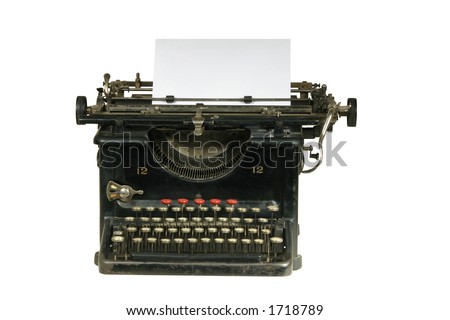 Vintage typewriter with paper sheet inside on white isolated background