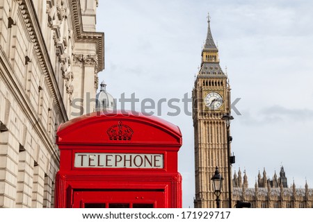 The traditional red telephone box and the Big Ben in London