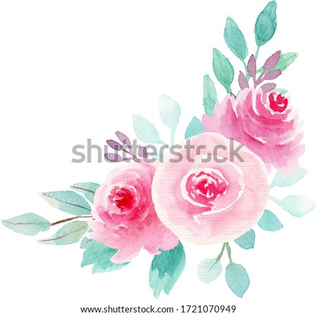 Watercolor botanical illustration. Bouquets with Pink roses and Mint leaves. Perfect for wedding invitations, cards, frames, posters, packing. 