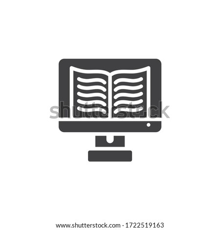 Online book reading vector icon. filled flat sign for mobile concept and web design. Computer display with e-book glyph icon. E-learning symbol, logo illustration. Vector graphics