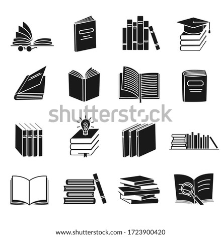 Set of sixteen different black and white vector book icons for use as design elements in education or conceptual designs