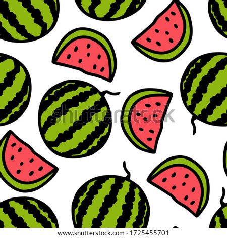 Watermelon seamless pattern. Hand drawn. Doodle. Design for wallpaper, textile, fabric, wrapping, scrap, gift paper. White background. Vector illustration