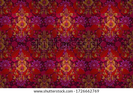Exploding flowers abstractly placed. Raster illustration. Raster pattern. Gentle, spring floral on magenta, orange and red colors.
