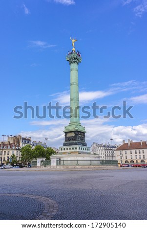 July Column (1840) on Bastille Square. Place de la Bastille is a square in Paris, where the Bastille prison stood until the 