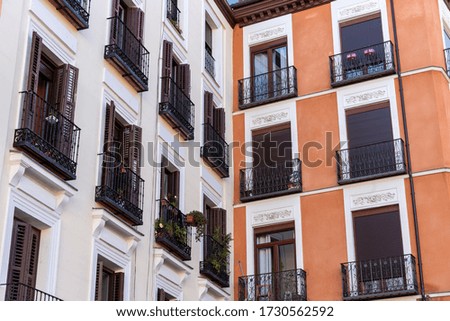 Typical streets and house in the center of the city of Madrid, Spain. Beautiful old buildings.