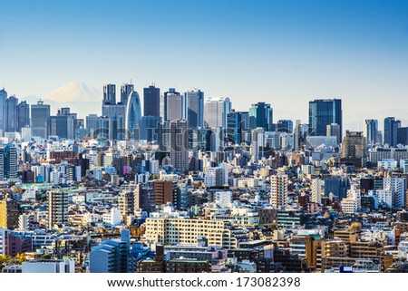 Tokyo, Japan at Shinjuku with Fuji Mountain on the horizon.