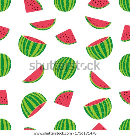Watermelon slice cut with seed in a row Summer Seamless Pattern Blue background. Flat design. Vector illustration