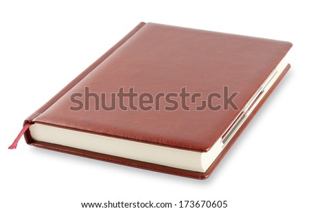 Brown diary with bookmark isolated on white background