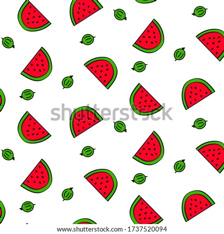 Watermelon and gooseberry halves seamless pattern