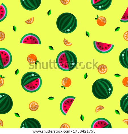 Fruits (oranges and watermelons) on a bright yellow background