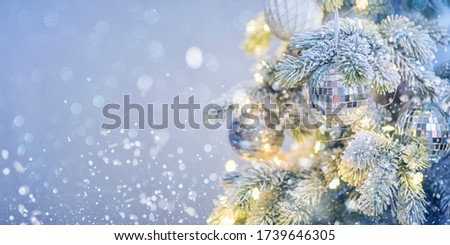  Christmas background with fir tree and decor. Top view with copy space
