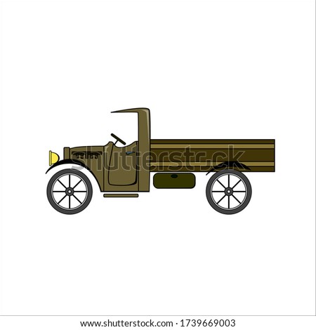 Brown vintage truck in cartoon style on white background. 