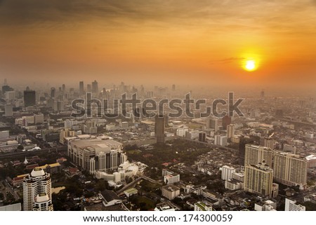 View across Bangkok skyline in sunset