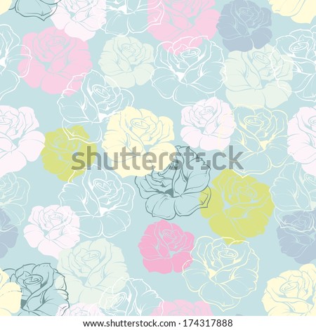 Seamless floral pattern with pink, yellow, green, white and blue retro roses on pastel blue background. Beautiful abstract texture with colorful flowers and cute background for desktop wallpaper