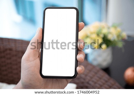 male hand holds phone with isolated screen at home in the room