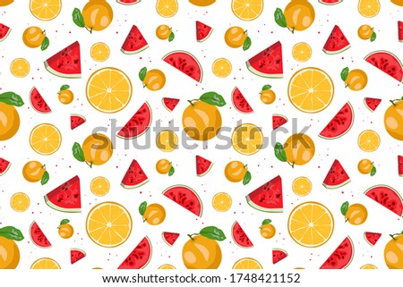 Vector seamless pattern with red watermelon and oranges. Summer design for printing cards, invitations, fabric, clothes, holiday decoration.
