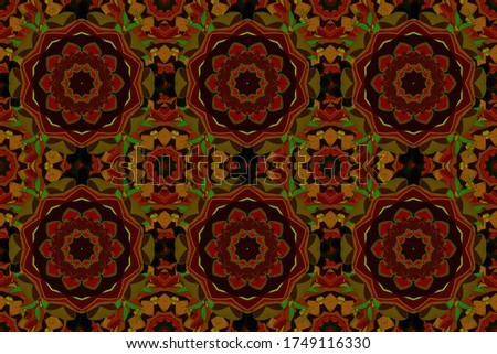 Raster nature seamless pattern with abstract ornament. Raster round mandala in childish style. Ornamental doodle green, brown and red colors.