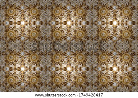 Gold tiles with floral motif. And golden vintage textile print. Seamless pattern oriental ornament. Islamic raster design.
