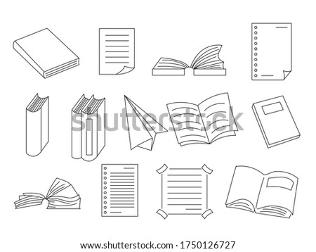 Hand drawn books doodles set outline isolated on white background