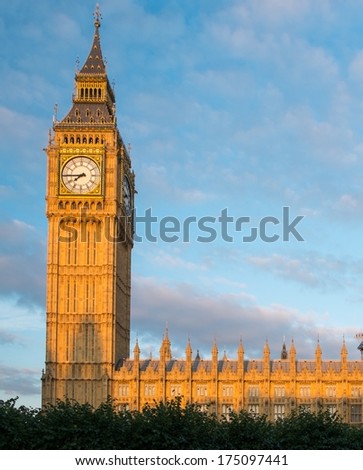 Big Ben tower at sunset in London, England