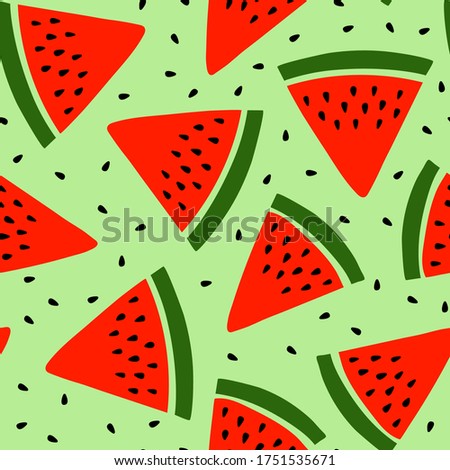 Watermelon seamless pattern. Hand drawn fresh berry slice. Vector sketch background. Red and green print for kitchen tablecloth, curtain or dishcloth. Fashion design