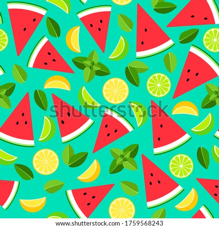 Fruit pattern, watermelon, lemon, lime, mint. Bright summer background for textiles. Vector image.