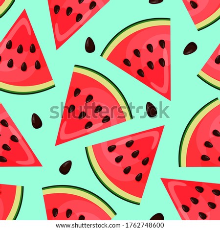 Seamless pattern with pieces of watermelon on blue  background. Endless print. Vector illustration.