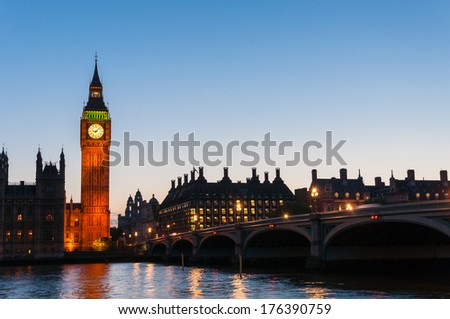 Big Ben, famous clock tower of Houses of Parliament in London at night, United Kingdom