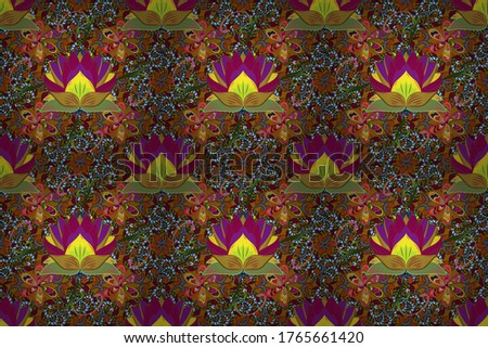 Gentle romantic print. Flowers on red, green and brown colors. Holidays mood. Spring summer time. Raster seamless cute flower pattern.